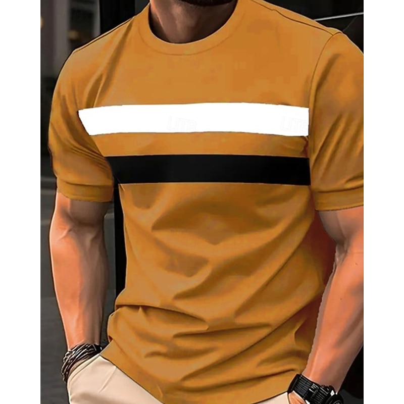 Men's T Shirt Tee Short Sleeve Shirt Tee Top Short Sleeve Crew Neck Summer Striped Fashion Designer Basic Patchwork Vacation Street Going out Dark Gray White Yellow Top Tee for Men