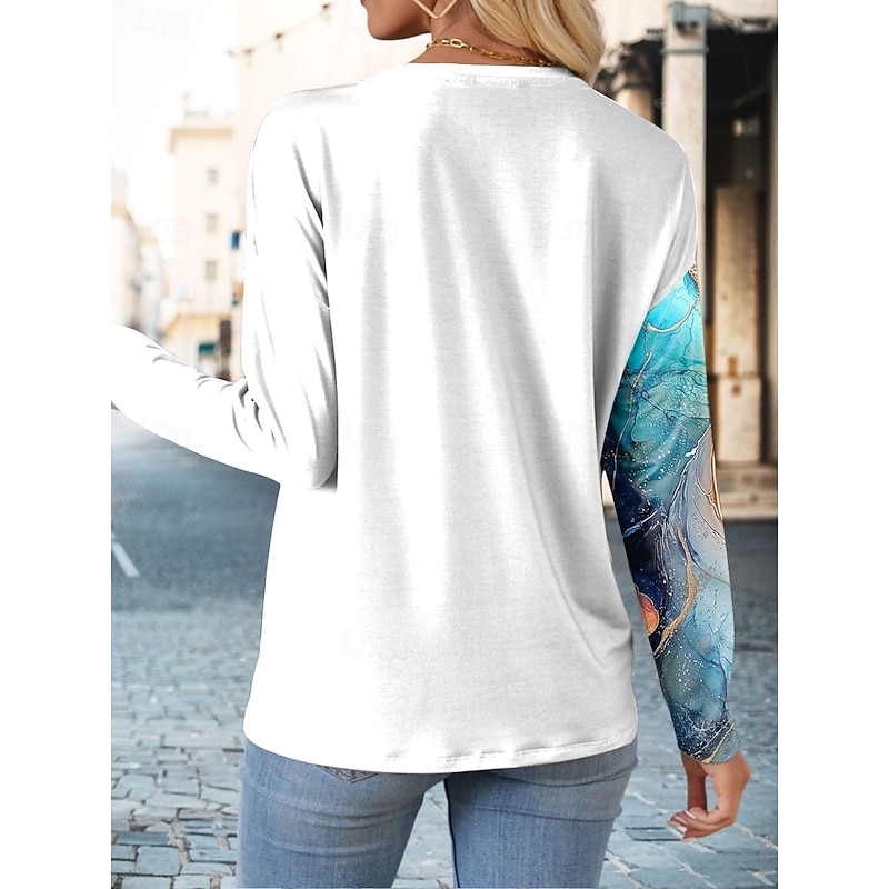 Women's T shirt Crew Neck Long Sleeve Tunic Floral Graphic Animal Vintage Stylish Classic  Regular Tops Daily Weekend Print Blue2