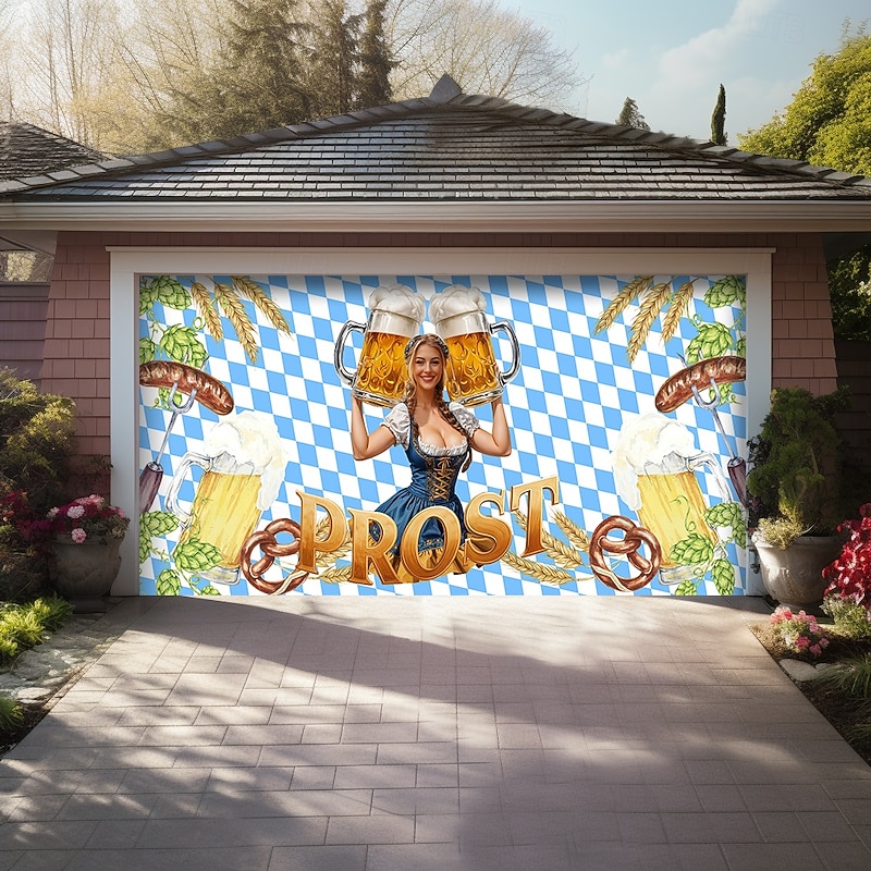Oktoberfest 2025 Outdoor Garage Door Cover Banner Beer Vintage Blue White Plaid Large Backdrop Decoration for Holiday Outdoor Garage Door Home Wall Decorations2