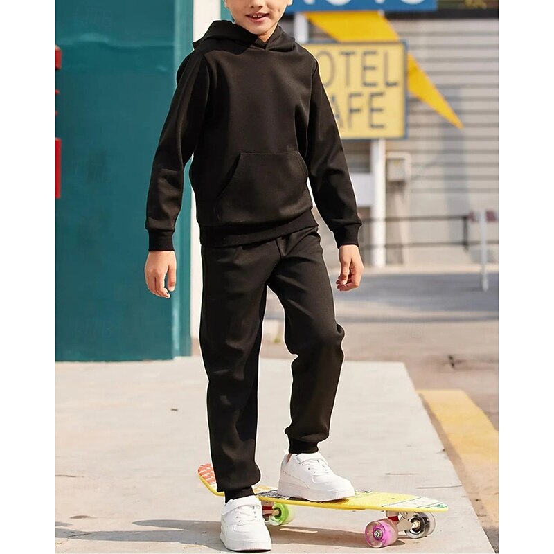 Boys' 3D Solid Color Hoodie & Sweatpants Set Sports Suit Tracksuits Long Sleeve Spring Fall Daily Basic Casual Kids 4-12 Years Hooded Outdoor Vacation Sports Tailored Fit3