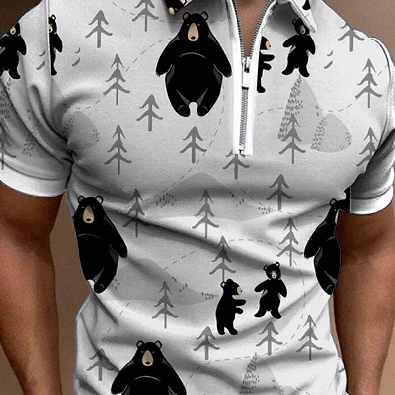 Men's Graphic Zip Polo Shirts Short Sleeve Polo Shirts Collared Shirts Casual Athleisure Daily Wear 3D Print Summer Black White3