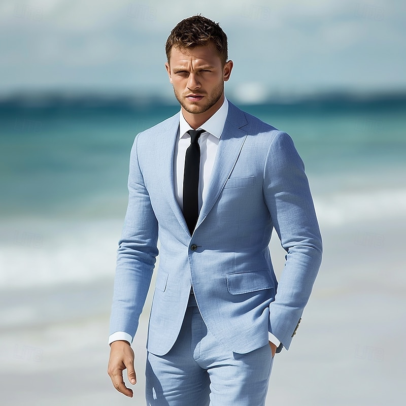 Men's Wedding Casual Linen Suits Notch Lapel Sky Blue Sage Business Formal Solid Colored Standard Fit 2 Piece Single Breasted One-button2