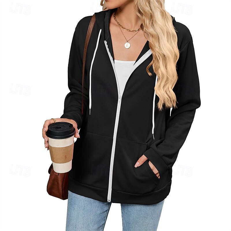 Women's Zip Up Sweatshirts Plain Streetwear Casual Comfy Long Sleeve Hooded Regular Tops Street Holiday Going out Zip Up Pocket Black Pink Wine Navy Blue Blue Fall2