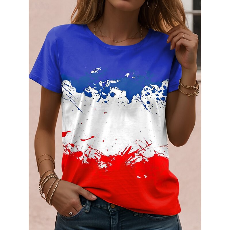 French Women's T Shirt Graphic Flag Vintage Stylish Casual Short Sleeve Crew Neck Regular Tops Daily Weekend Print Red Blue Summer Spring