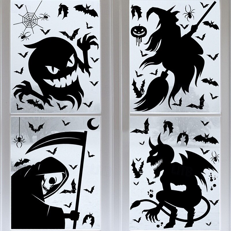 4 Sheets Halloween Window Cling Sticker Decals Decorations Double Side, Ghost Pumpkin Witch Grim Reaper Bat Skeleton Static Stickers for Halloween Party Supplies4
