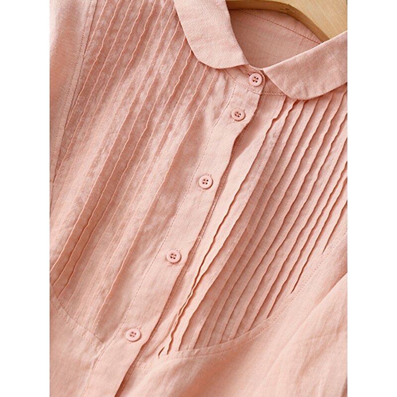 Women's Cotton Linen Shirts Solid Color Stylish Basic Casual 3/4 Length Sleeve Shirt Collar Regular Tops Daily Buttons White Pink Light Blue Summer2