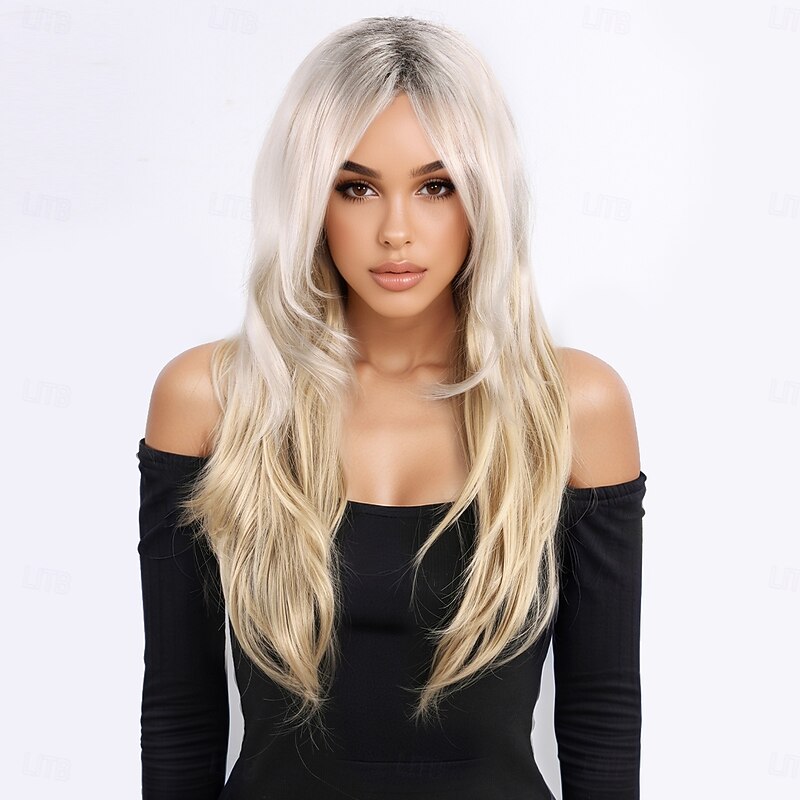 Synthetic Wig Bouncy Curl kinky Straight Layered Haircut With Bangs Machine Made Wig 24 inch A1 Synthetic Hair Women's Classic Thick Comfortable Blonde4