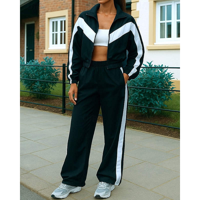 Women's Tracksuit Sweatpants Track Pants Zipper Pocket Solid Colored Clothing Suit Spring Black White Gym Training Running Windproof Long Sleeve Sport Activewear Micro-elastic Regular Fit