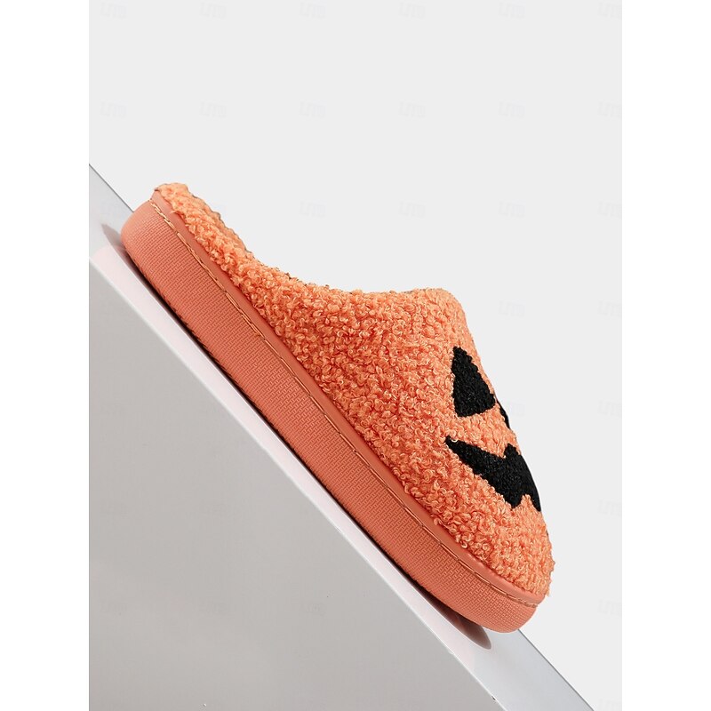 Women's Halloween Pumpkin Face Slippers - Cozy Orange Plush Indoor Shoes with Jack-O'-Lantern Design for Fall Nights,Costume Parties & Gifts3