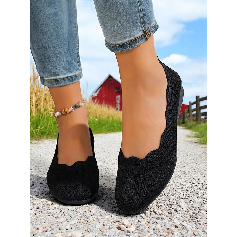 Women's Black Knit Slip-On Flats, Breathable Fly-Weave Round-Toe Shoes for Casual Outings, Office Commute and Summer Countryside Walks2
