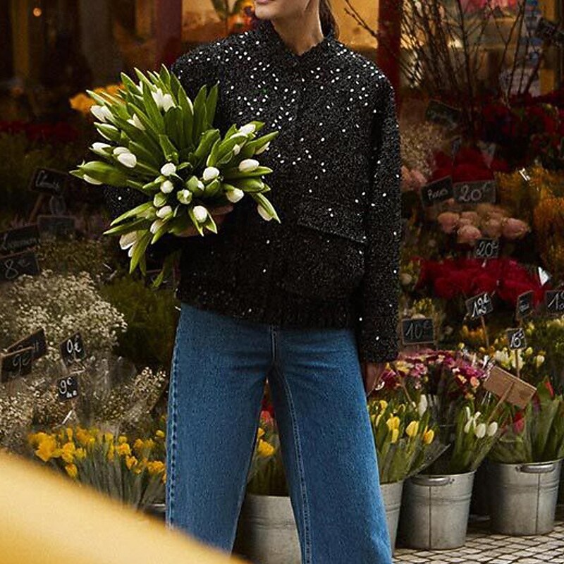 Women's Winter Coat Comfortable Pocket Sequin Fashion Plain Outdoor Going out Single Breasted Regular Stand Collar Regular Fit Long Sleeve Outerwear Black Gold Fall Winter4