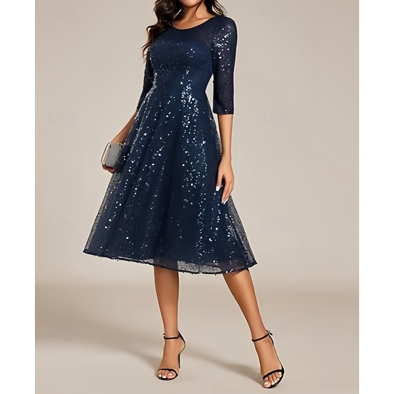 A-Line Wedding Guest Dresses Elegant Dress Wedding Guest Homecoming Knee Length Half Sleeve Crew Neck Sequined with Pleats Sequin