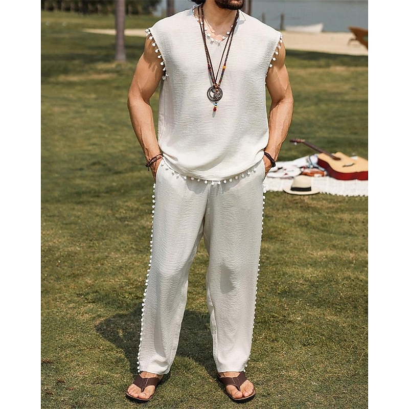 Men's T-shirt Suits Shirt and Pant Sets 2 Pieces Outfits Sleeveless Crew Neck Summer Plain Fashion Casual 2 Piece Vacation Daily Wear Going out White Top Tee for Men3