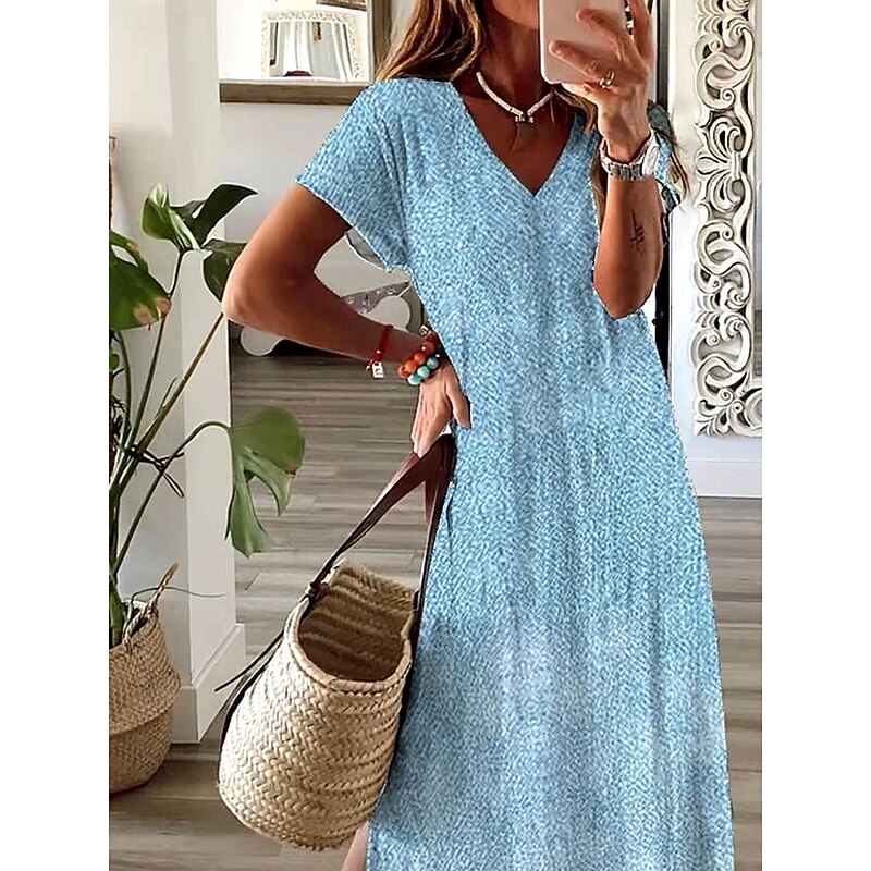 Women's Maxi Dress Casual Dress Sundress A Line Dress Elegant Vacation Casual Holiday Beach Regular Fit Ombre Floral Graphic Short Sleeve V Neck Light Green Sky Blue Summer Spring2