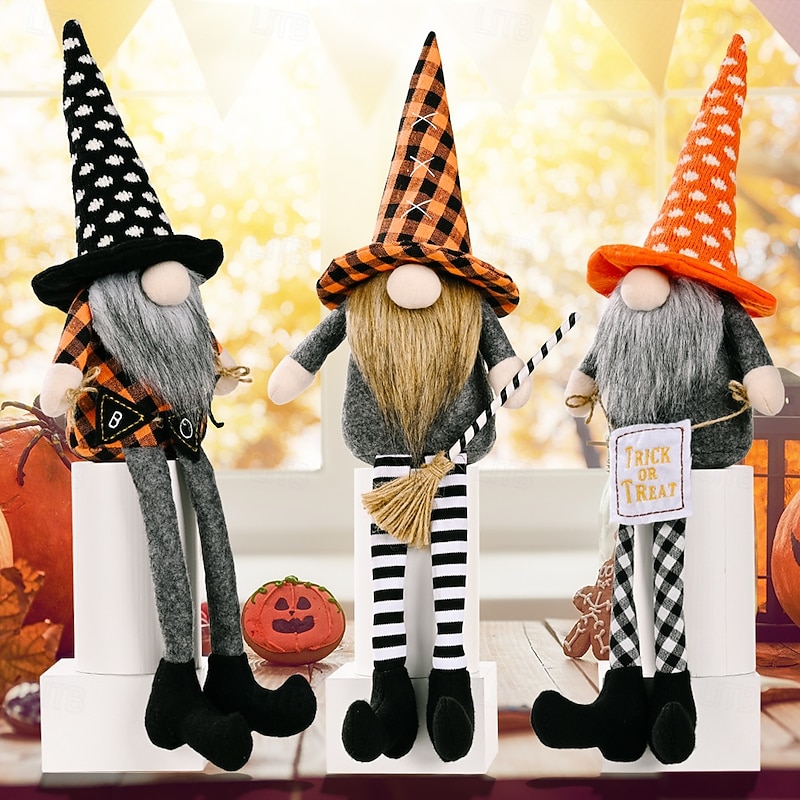Halloween Long Leg Gnome Decoration with Hanging Legs, Rudolph No-Face Doll Figurine, Broomstick Witch Doll Ornament3