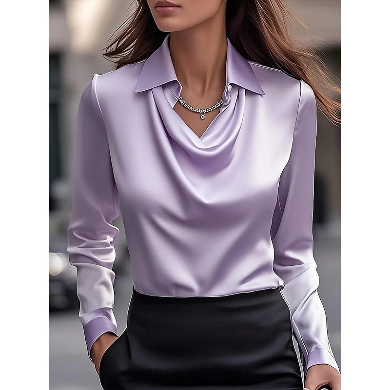 Women's Blouse Satin Solid Color Elegant Long Sleeve Cowl Neck Drape Neckline Regular Tops Daily Ruched Draped  Loose Fit White Pink Wine Blue Purple Fall4