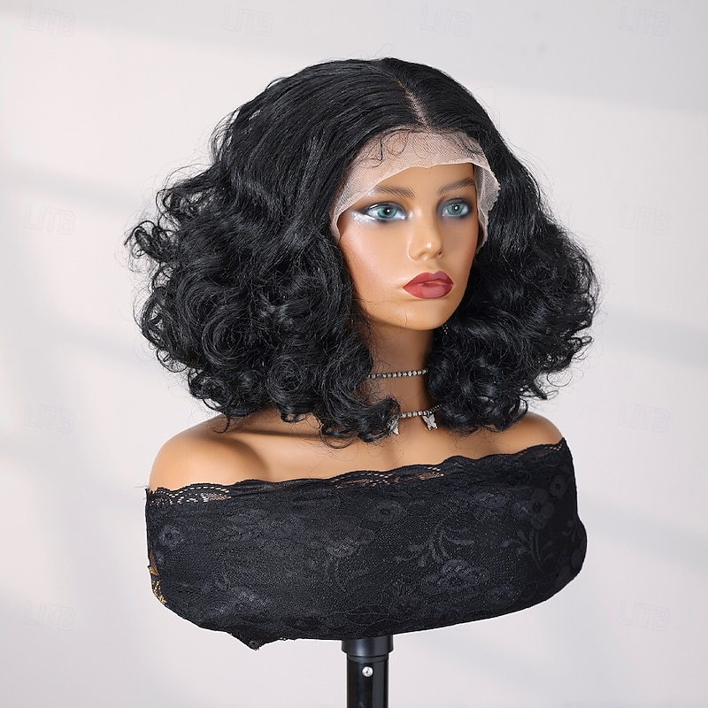 Synthetic Lace Wig Bouncy Curl Style 12 inch Black Middle Part 13x4 Lace Front Wig Women's Wig Black2