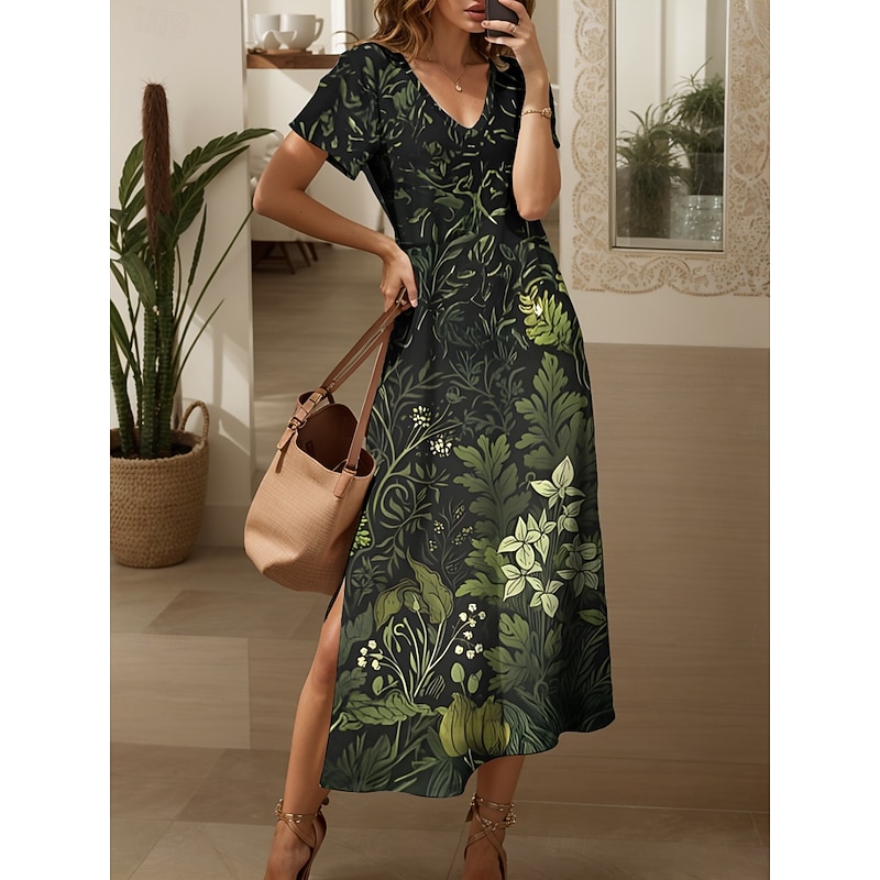 Women's Maxi Dress Knit Dress Casual Dress Sundress A Line Dress Elegant Vacation Casual Beach Regular Fit Floral Graphic Leaf Short Sleeve V Neck Red Blue Purple Green Summer Spring
