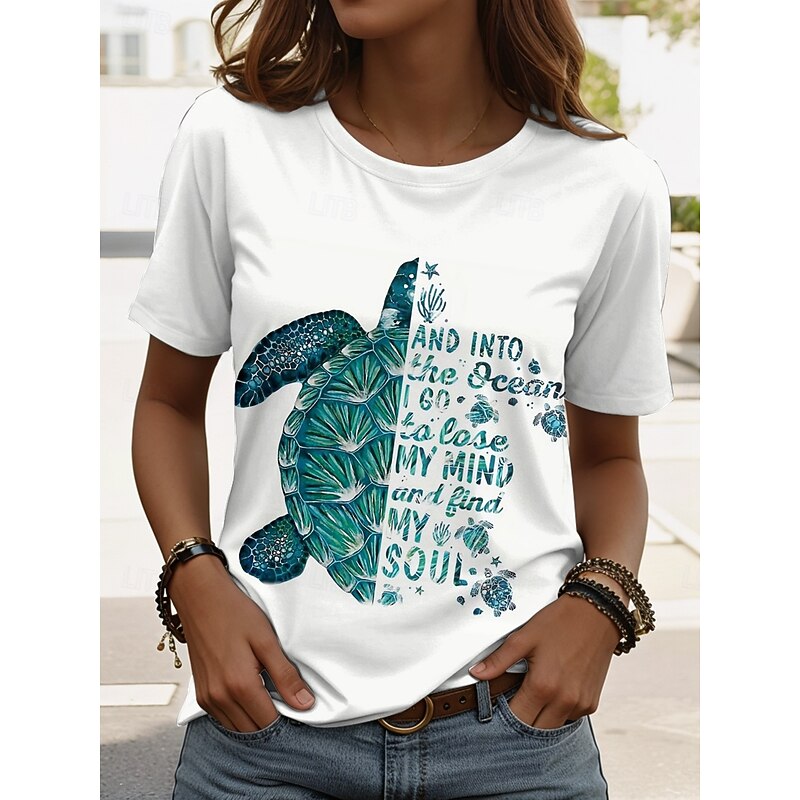 Women's T Shirt Graphic Animal Sea Turtle Vintage Stylish Classic Short Sleeve Crew Neck Round Neck Regular Tops Daily Weekend Print White Summer Spring