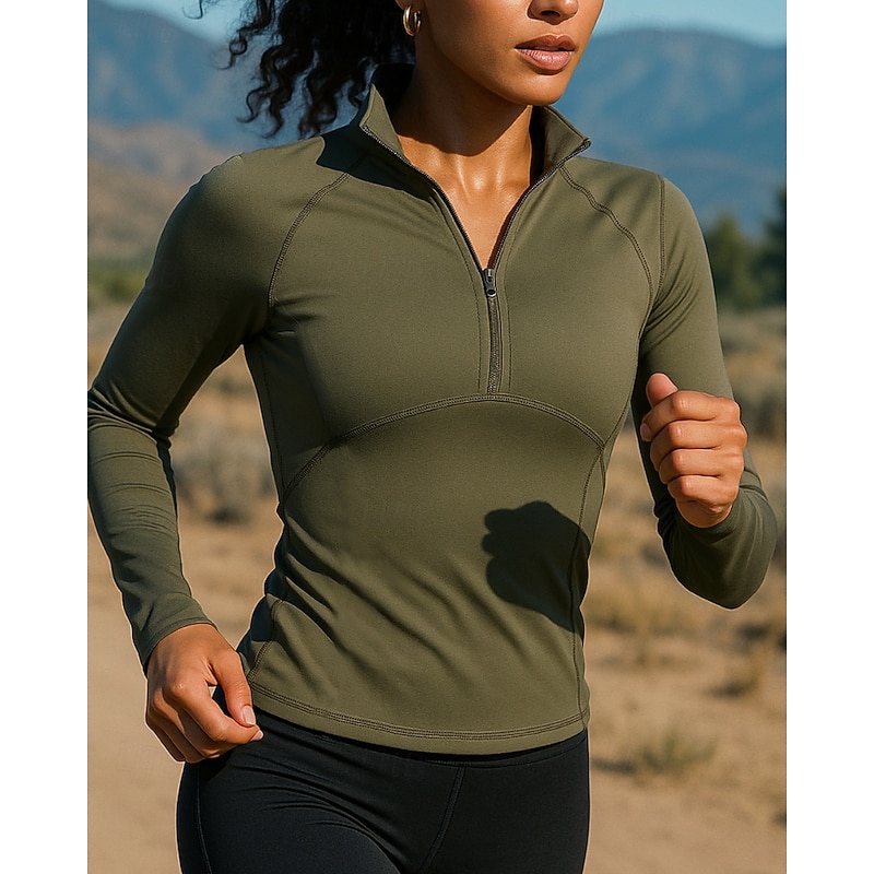 Women's Running Shirt Quarter Zip Pullover Long Sleeve Top Athleisure Fall Solid Colored Quick Dry Lightweight Breathable Tennis Golf Running Sportswear Activewear Black Dark Green Gray