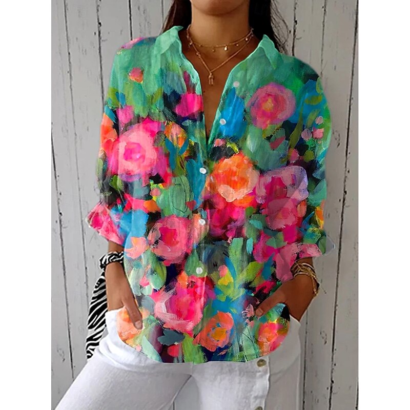 Women's Shirt Button Down Tunic Shirt Collar Long Sleeve Ombre Floral Graphic Vintage Tropical Daily V Neck Regular Tops Work Daily Holiday s Print White Blue Green Spring Fall4
