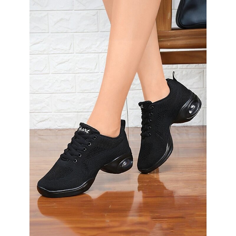 Women's Black Mesh Lace-Up Dance Sneakers - Breathable Lightweight Jazz Shoes with Air Cushion Sole for Professional Practice and Performance4