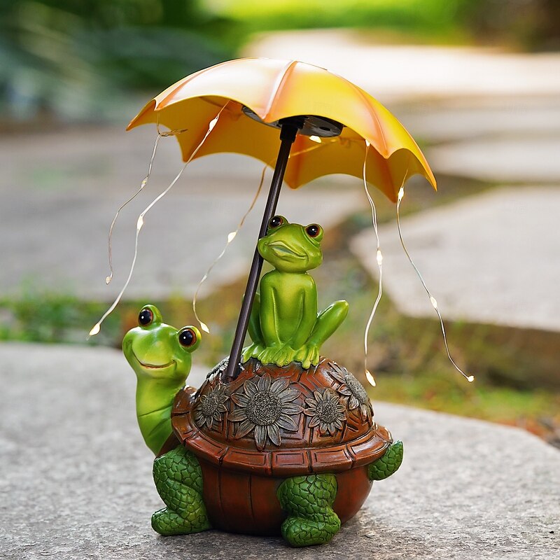 1 Pc Outdoor Waterproof Solar Turtle Carrying Umbrella Frog Decorative Lamp Courtyard Garden Park Lawn Path Resin Statue Lamp Landscape Observation Lights2