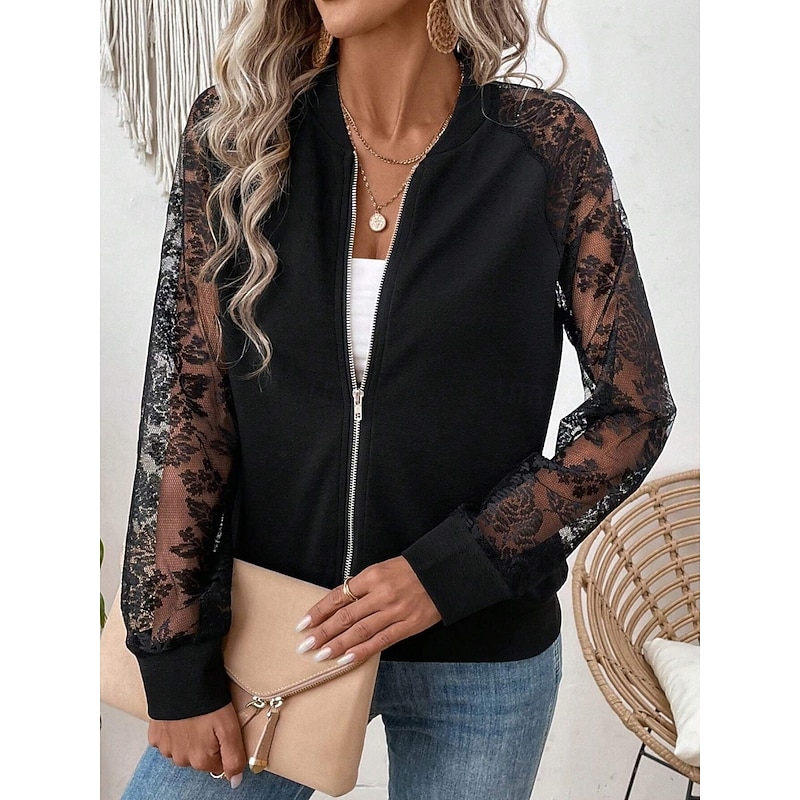 Women's Bomber Jacket Comfortable Breathable Lace Patchwork Zipper Pocket Elegant Casual Plain Vacation Street Casual Daily Wear Zipper Regular Stand Collar Regular Fit Long Sleeve Outerwear Black3