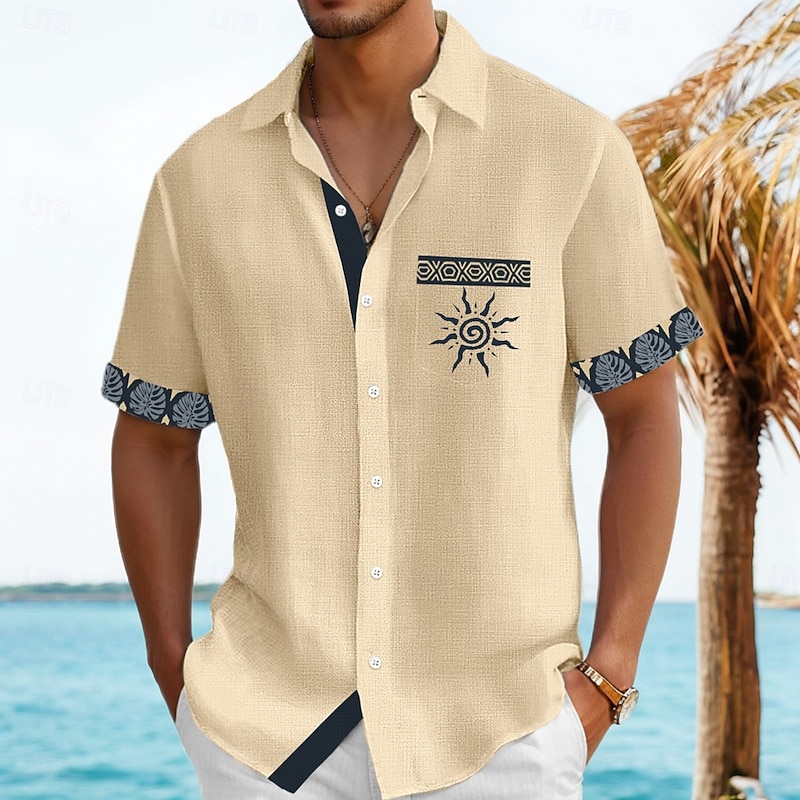 Men's Shirt Linen Shirt Summer Shirt Beach Shirt Button Up Shirt Tribal Casual Holiday Black Navy Blue Green Khaki Short Sleeve Turndown Summer Clothing Apparel Front Pocket