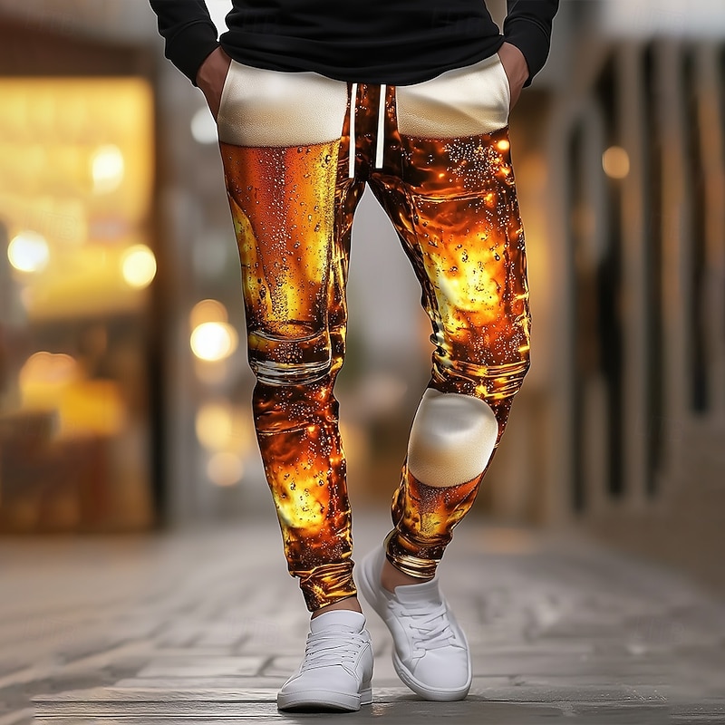 Men's Oktoberfest Beer Sweatpants Joggers Workout Pants Drawstring Elastic Waist Casual Outdoor Holiday Athletic Sweatpants with Pockets Spring Fall Winter 3D Print Yellow Orange
