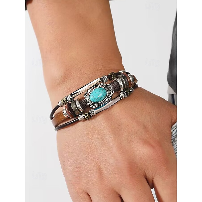 Men's Turquoise Leather Cuff Bracelet with Skull and Metal Accents, Bohemian Western Style, Perfect for Casual and Everyday Wear
