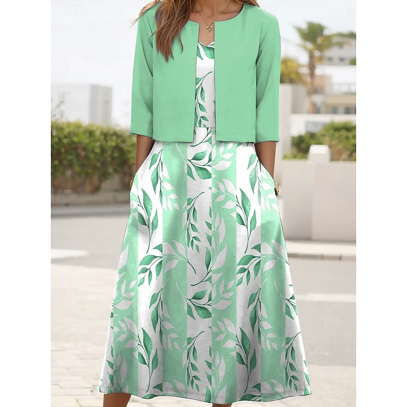 Women's Two Piece Dress Sets Midi Dress with Jacket Elegant A Line Dress Half Sleeve Fit And Flare Dress Party Formal Floral Print V Neck Formal Pink Blue Green Regular Fit3
