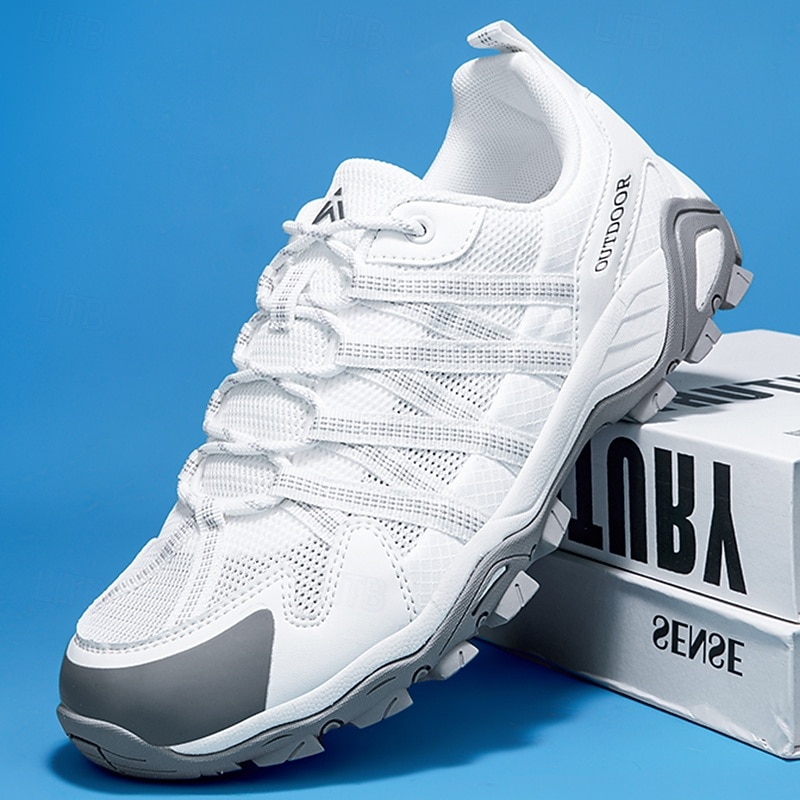 Men's White Athletic Sneakers - Lightweight Mesh Running Shoes with Non-slip Grip for Gym Running and Casual Sports Activities