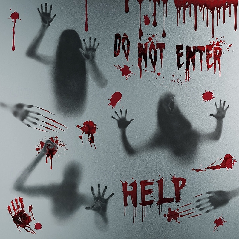 9 Sheets Halloween Window Cling Sticker Decals Decorations Double Side, Bloody Handprints Ghost Shadow Static Stickers for Glass, Scary Horror Store Display Window Decor