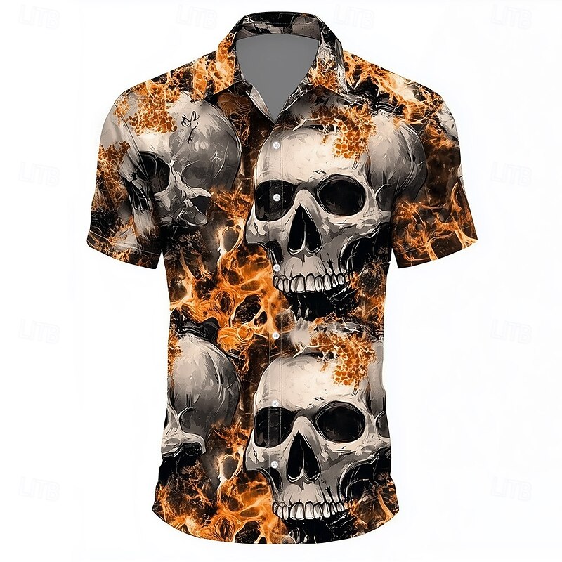 Men's 3D Oktoberfest Beer Skulls Shirt Summer Shirt Button Up Shirt Short Sleeve Vintage Retro Outdoor Holiday Summer Spring Turndown 3D Print Collared Shirts Black 1 Black Orange3