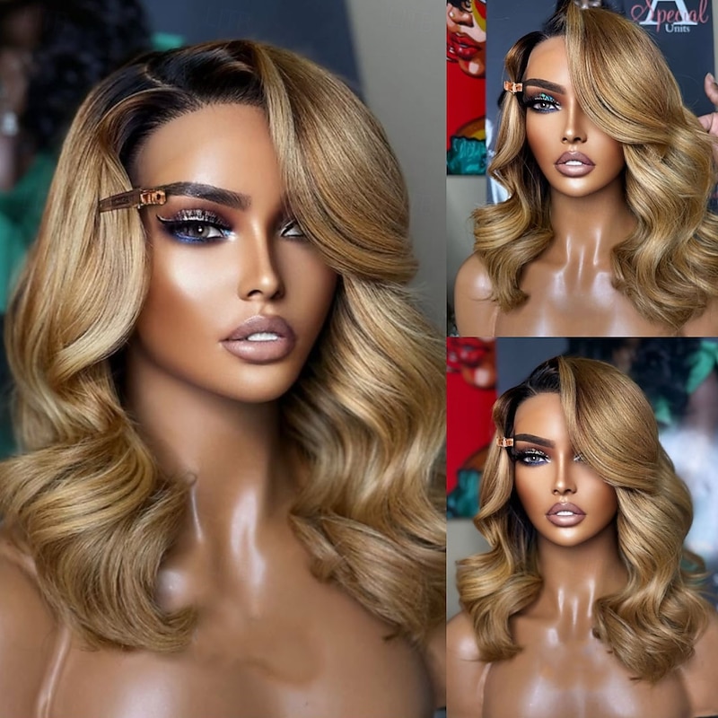 Brazilian Remy Human Hair Ombre Highlight Colored 5x5 Lace Closure Glueless Wigs Honey Blonde Short Bob Lace Front Human Hair Wig  Pre-Plucked for Women