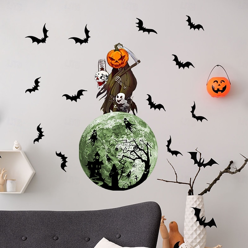 Halloween Decal Stickers Glow in The Dark Decoration, Luminous Pumpkin, Witch, Ghost, Haunted House, Moon, and Bat Wall Decals, Self-Adhesive Halloween Bedroom Decor4