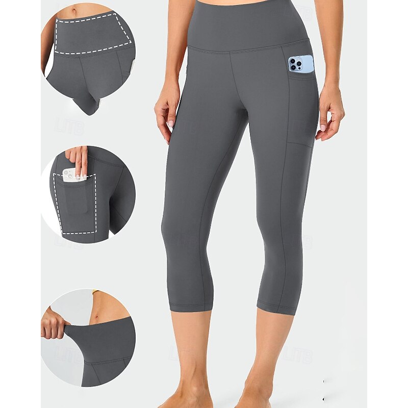 Women's Capri Pants Slacks Leggings Streetwear Casual Calf-Length Natural Plain Pocket Elastic Waist Comfy Outdoor Comfortable Outdoor Sports & Outdoor Athleisure Dark-Gray Wine Navy Light Sky Blue3