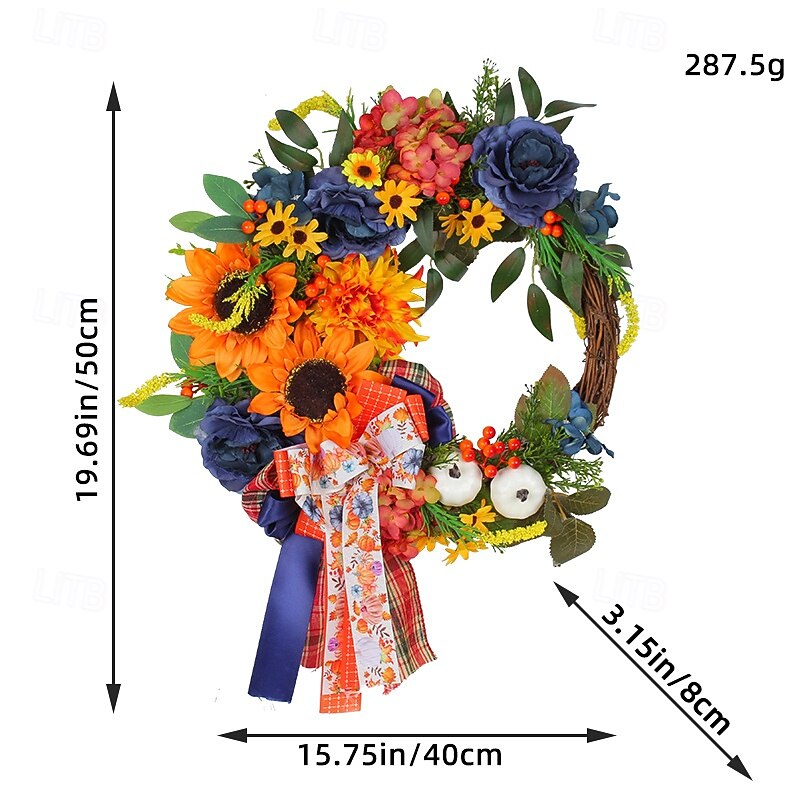 Fall Wreath for Front Door Thanksgiving Autumn Harvest Indoor Outdoor Decoration, Blue Sunflower Artificial Grapevine Wreath Wall Hanging Holiday Decor Prop3