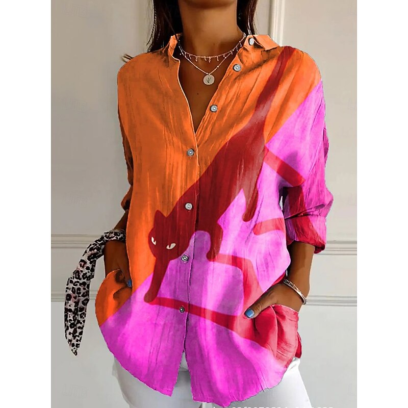 Women's Shirt Floral Geometric Stylish Modern Long Sleeve Shirt Collar Regular Tops Daily Holiday Buttons Print Red Navy Blue Blue Fuchsia Summer2