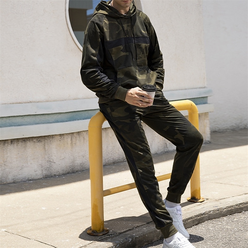 Men's Tracksuit Sweatpants Track Pants Pocket Camouflage Hoodie Clothing Suit Fall Army Green Khaki Gym Workout Sports Windproof Long Sleeve Sport Activewear Micro-elastic Regular Fit3