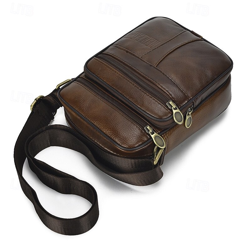 Men's Brown Leather Crossbody Bag with Multiple Zipper Pockets and Adjustable Strap, Vintage Small Shoulder Bag for Travel, Work and Daily Use3