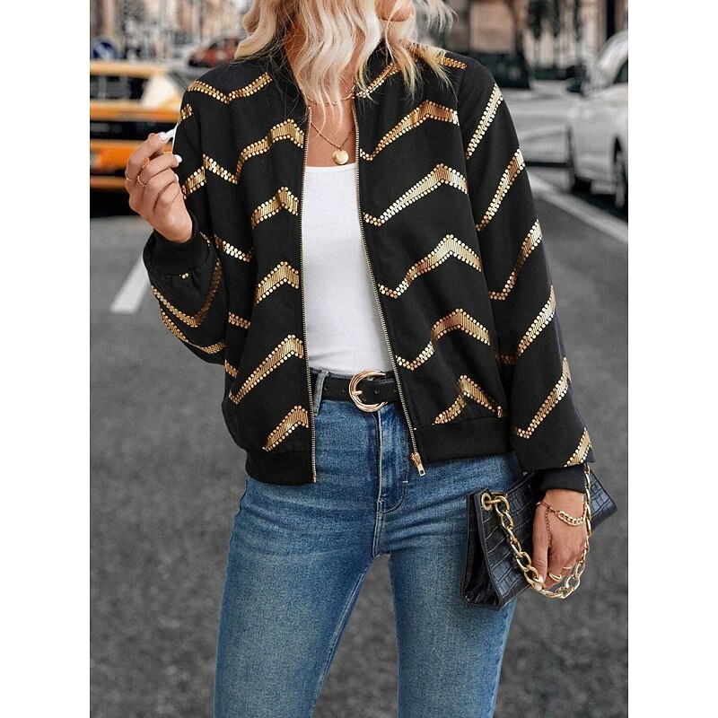 Women's Bomber Jacket Comfortable Breathable Zipper Print Casual Geometric Vacation Street Casual Daily Wear Zipper Short Stand Collar Regular Fit Long Sleeve Outerwear Black Summer Spring4