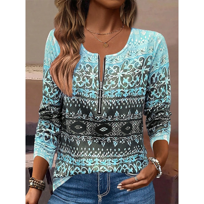 Women's T Shirt Quarter Zip Long Sleeve Casual Ombre Color Gradient Elegant Stylish Modern V Neck Regular Tops Daily Pink Blue Summer Spring