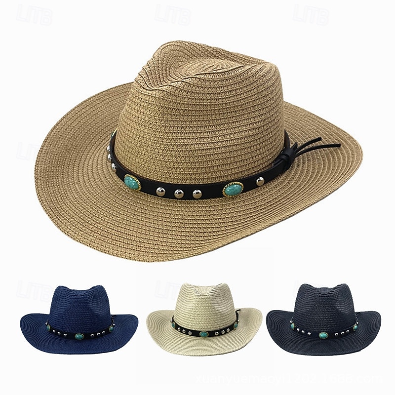 Straw Hat With Curled Brim And Leather Belt, Paper-Woven Straw Hat, Cowboy Hat, Sun Hat, Sun Protection Gentleman Hat