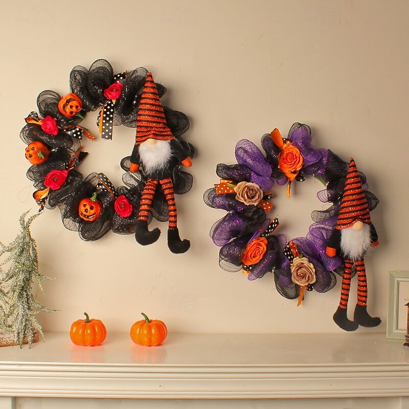 Halloween Gnome Wreaths for Front Door Indoor Outdoor Decoration, Gnome and Faceless Man Wreath for Spooky Halloween Party Haunted House Decor2
