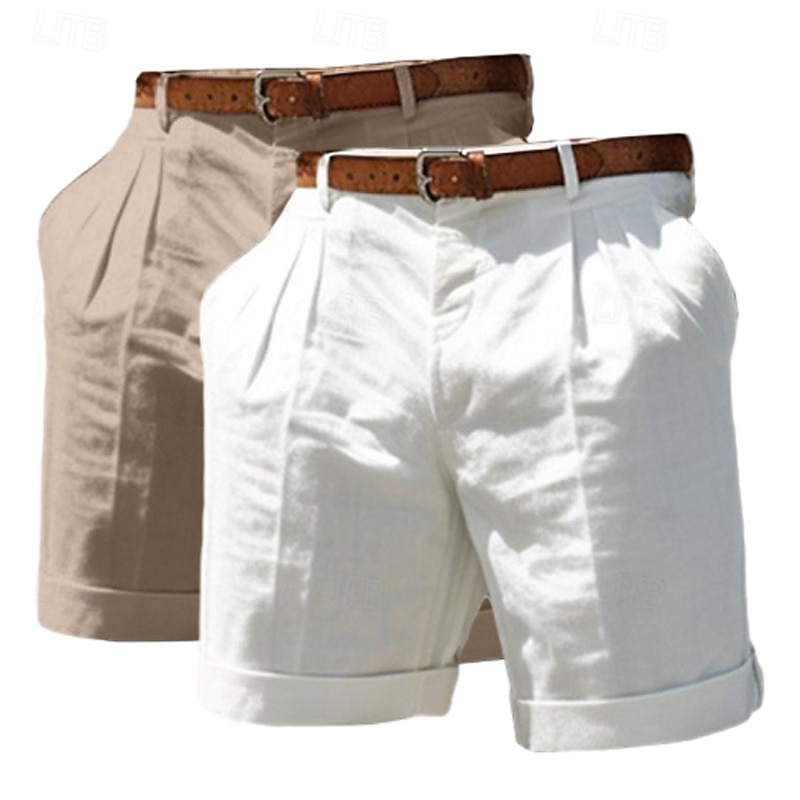 Men's Shorts Linen Shorts Dress Shorts Summer Shorts Beach Shorts Pocket Elastic Waist Straight Leg Plain Comfort Breathable Knee Length Business Casual Daily Fashion Classic Style White+khaki3