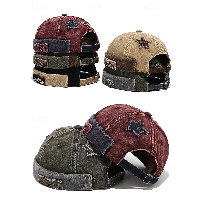 Men's Washed Cotton Star Patch Retro Skull Cap – Adjustable Vintage Brimless Hat for Urban Style Casual Outings and Streetwear3