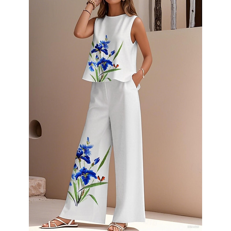 Women's Elegant Fashion Streetwear Two Piece Sets Blouse Vest Pants Trousers Sleeveless Crew Neck Outdoor Work Casual Floral Print Vacation Daily Holiday White Royal Blue Blue Summer Regular Fit4