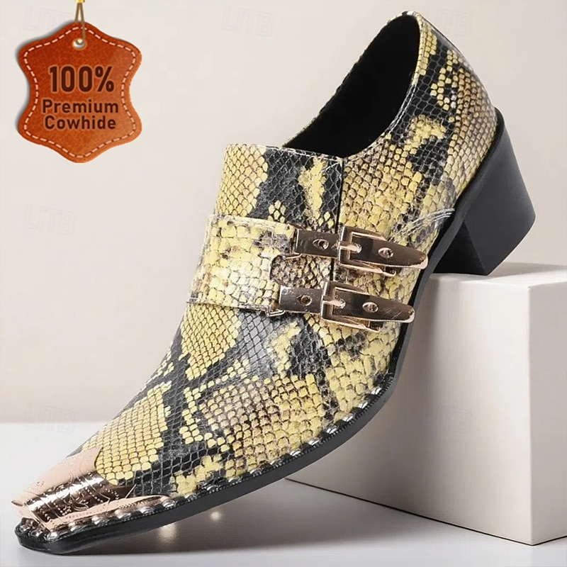 Men's Snakeskin Print Leather Dress Shoes – Premium Cowhide Formal Loafers with Double Metal Buckles Pointed Toe and Stud Accents for Evening Banquets Fashion Galas and Masquerade Parties